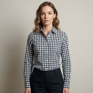 J.Crew Slim Gingham Button Up‎ Shirt Navy Blue White Cotton Stretch Size 00 NEW